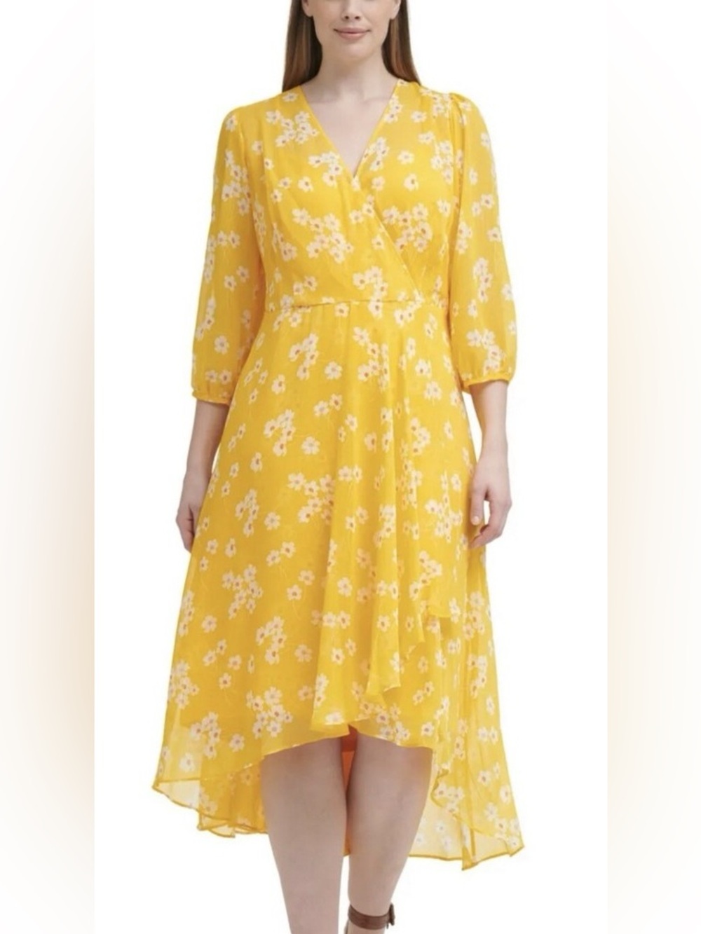 Calvin Klein Yellow Floral Chiffon High Low Midi Dress Flaw
